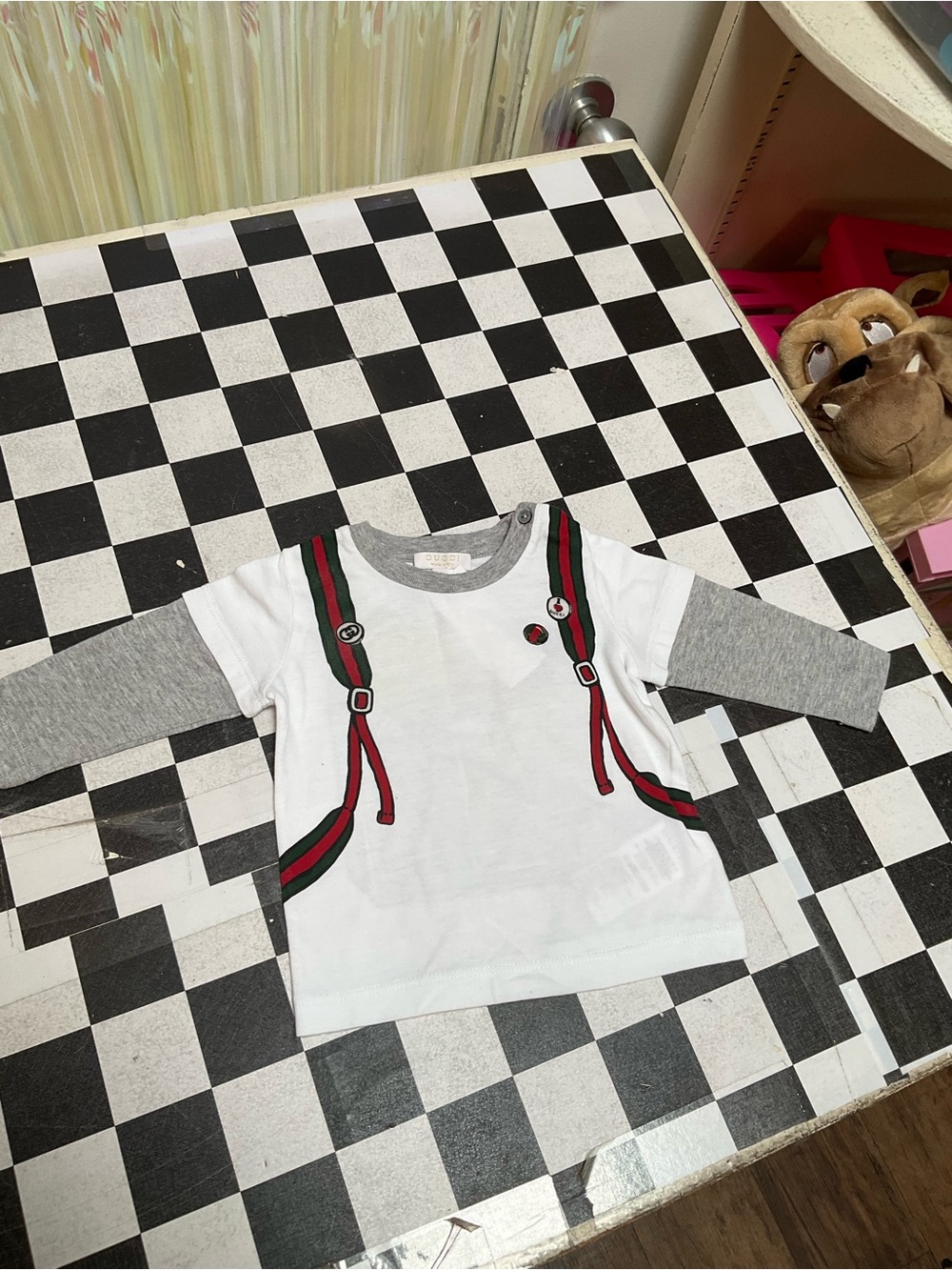 Gucci White & Gray Baby Tee with Red and Green Stripe Accent